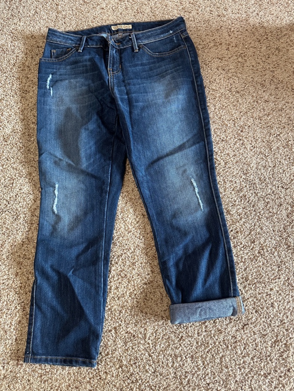 Guess Women’s Dark Blue Cropped Distressed Jeans